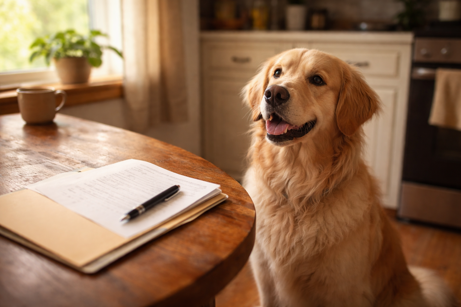 Golden retriever sitting next to a kitchen table with an open notebook and pen
